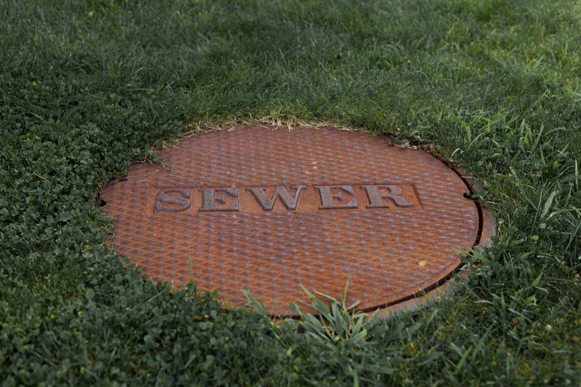Zardzewiała pokrywa kanału ściekowego w trawie miejskiego parku Zardzewiała pokrywa kanału ściekowego w trawie miejskiego parku